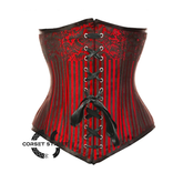 Red Brocade Double Boned Black Ribbon Design Long Underbust Steampunk Corset